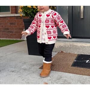 H&M Cardigan Heart Fair Isle Baby Toddler Girls Cardigan Sweater Red Cream 12 M